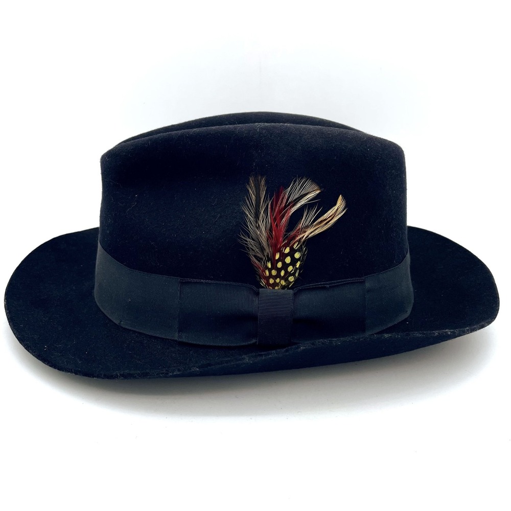 VTG Stacy Adams Wool Felt Fedora Hat Black Feather Band Dress Hat Mens XL